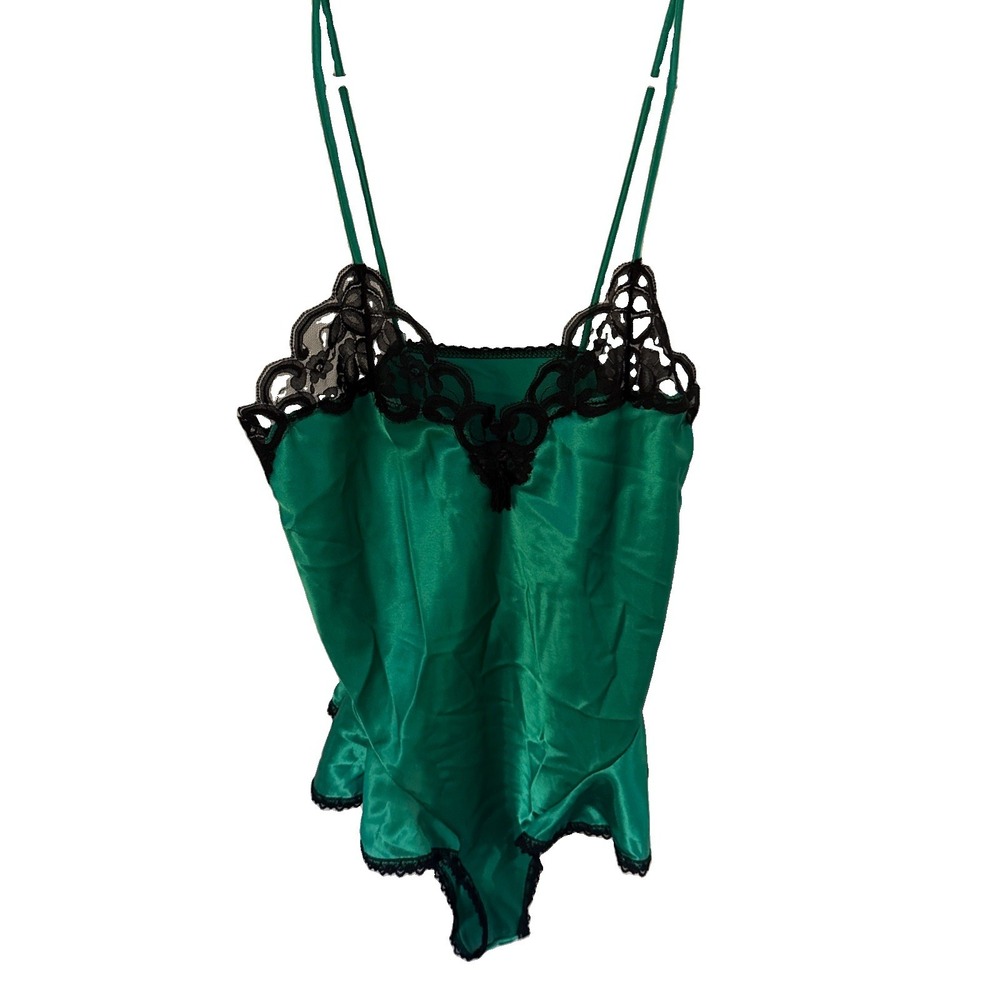 Vintage Interludes Collection Emerald Green & Black Lace Bodysuit Teddy M